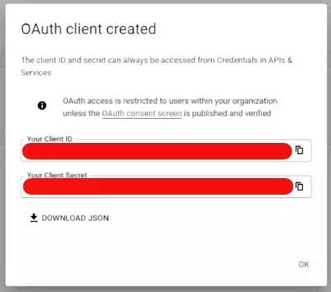 OAuth client ID and client secrete are created.