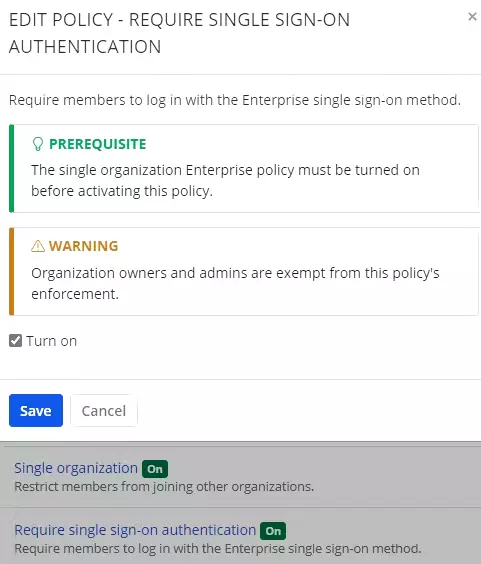 Enable Bitwarden single sign-on policy.