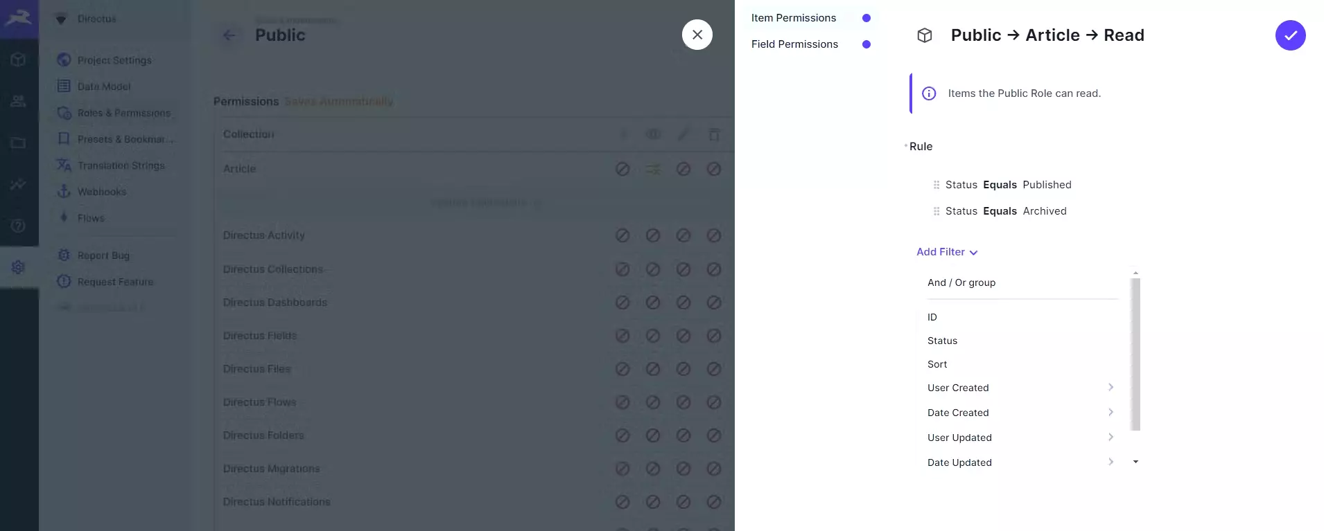Permission control in Directus.
