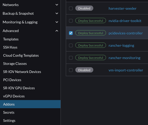 Go to Addons, enable and deploy pcidevices-controller.