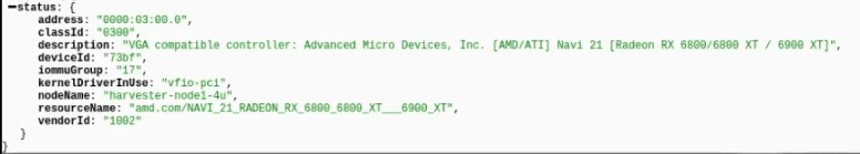 GPU device used vfio-pci as shown from Harvester HCI API, which was similar to lspci -k.