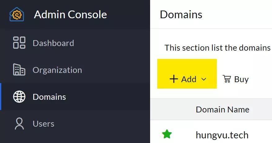 The Domains tab of the Zoho Mail Admin Console.