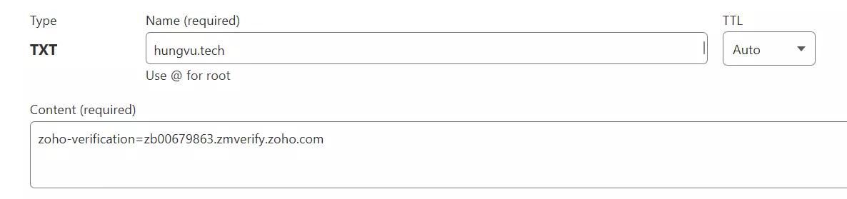 Zoho Mail verification is done via TXT records on Cloudflare (DNS provider).
