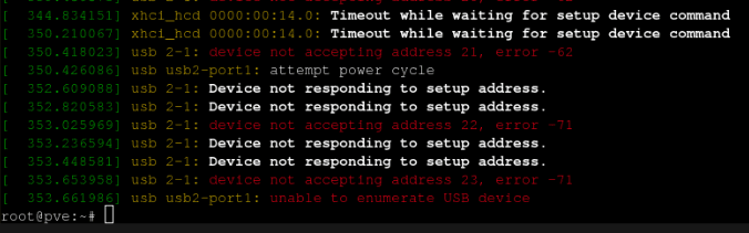 USB enumaration, power cycle, address acceptance, and timeout errors (code -62, -71).